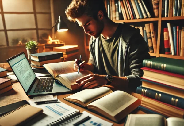 DALL·E 2024-10-19 00.58.01 - A person actively engaged in research, surrounded by books, notes, and a laptop. The individual is focused, flipping through a book while taking notes